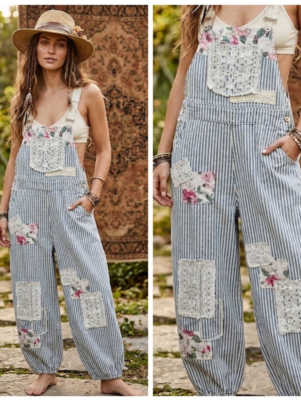 POL Striped Blue & White Floral Patchwork Overalls Jumpsuit